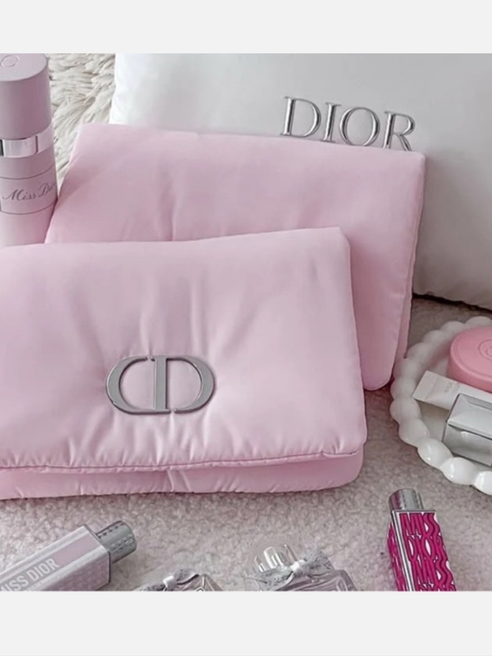 Christian Dior Beauty Puffy Pouch Pink Novelty Makeup Clutch Bag CD Logo
